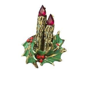 Christmas Candles Brooch Red Rhinestone Green Enamel Gold Tone Vintage Holly